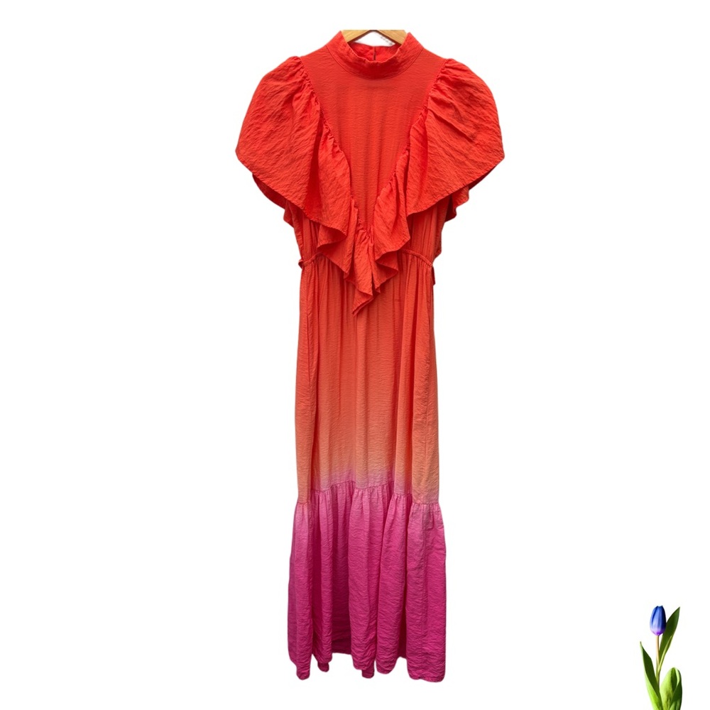 Young Fabulous & Broke Wedding Guest Maxi Dress Sunset Ombré Ruffle Front Size S